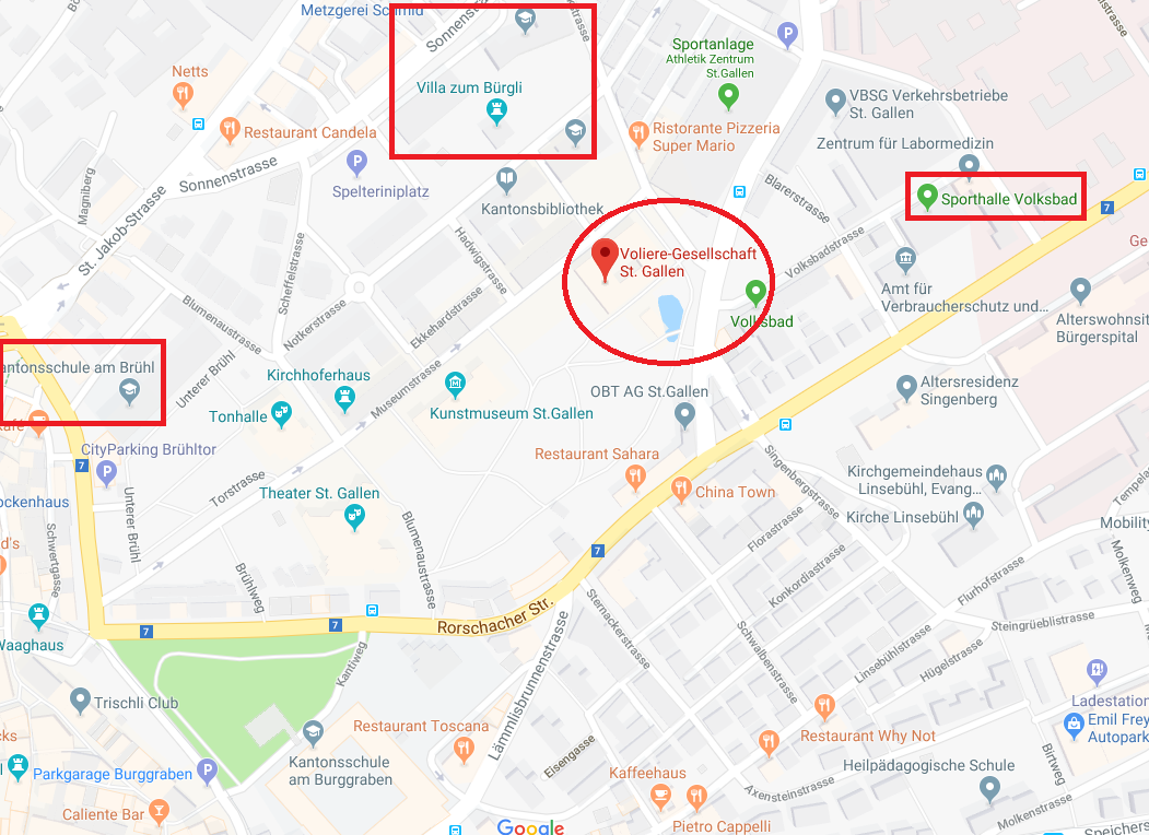 Die umliegenden Schulhäuser der St.Galler Volière, die über den Stadtpark zur Sporthalle Volksbad gelangen. (Bild: Screenshot Google Maps/FM1Today)