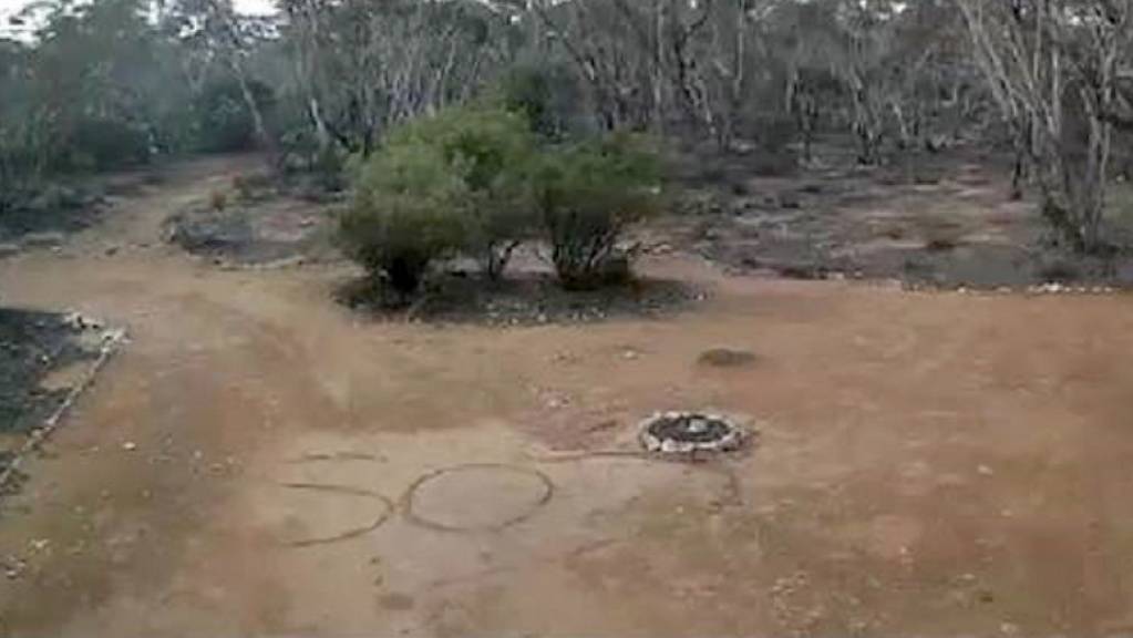 Mit dem auf einer sandigen Strasse gekratzten SOS-Schriftzug rief eine im Busch verirrte Australierin ihre Retter herbei.