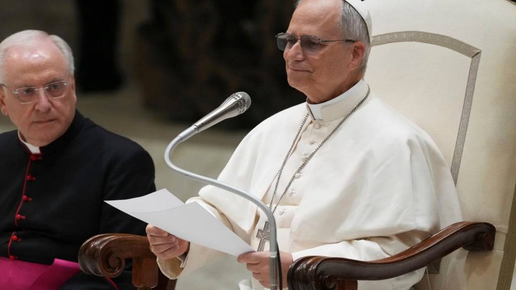 Papst Leo XIV. trifft sich zur Audienz mit internationalen Medienvertretern in der Halle Paul VI. im Vatikan. Papst Leo XIV. (M) trifft sich in der Halle Paul VI. zur Audienz mit Medienvertretern. Foto: Domenico Stinellis/AP/dpa