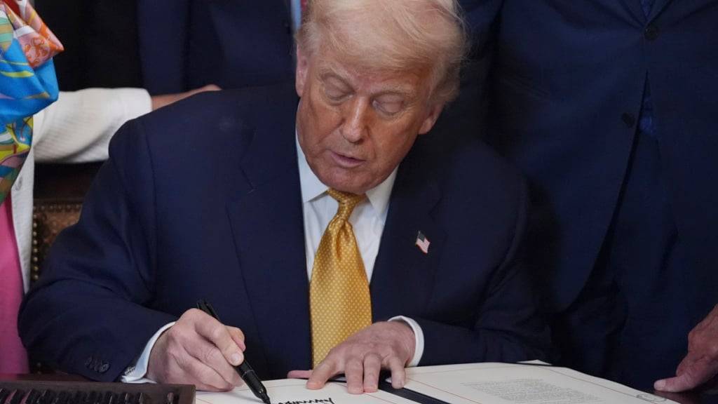 US-Präsident Donald Trump unterzeichnet den «Halt All Lethal Trafficking of Fentanyl Act» (Gesetz zur Eindämmung des tödlichen Fentanylhandels) während einer Zeremonie im East Room des Weißen Hauses in Washington. Foto: Evan Vucci/AP/dpa