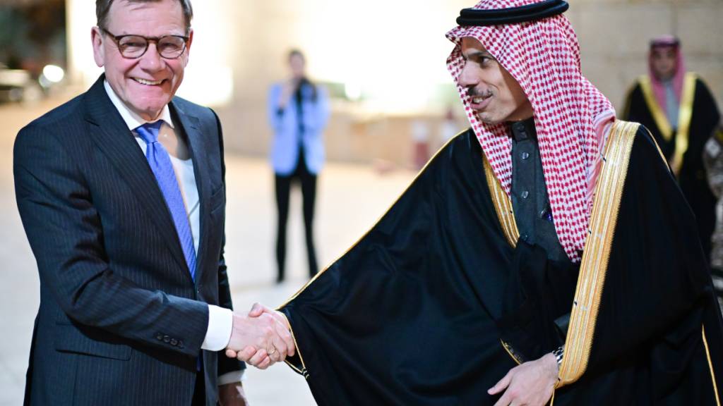 Johann Wadephul (l, CDU), Außenminister, und Faisal bin Farhan, Außenminister von Saudi-Arabien, geben sich im Außenministerium die Hand. Vor dem Hintergrund des Iran-Kriegs trifft der Außenminister seinen saudischen Amtskollegen. Foto: Sebastian Christoph Gollnow/dpa