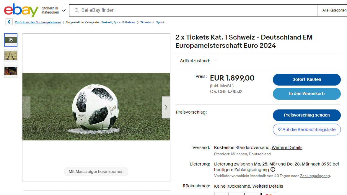 EM Tickets auf Ebay für das Spiel Schweiz - Deutschland