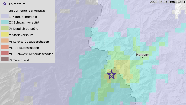 Karte des Schweizerischen Erdbebendienstes über das Beben vom Dienstag.