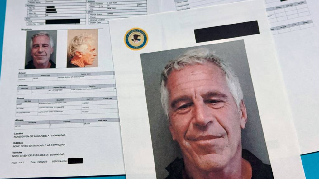 ARCHIV - Dokumente mit geschwärzten Passagen aus den Jeffrey-Epstein-Akten werden in Washington gezeigt (Archivbild). Foto: Jon Elswick/AP/dpa - ACHTUNG: Nur zur redaktionellen Verwendung im Zusammenhang mit der aktuellen Berichterstattung und nur mit vollständiger Nennung des vorstehenden Credits