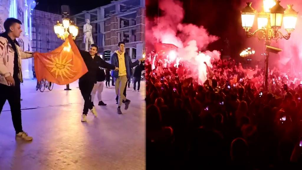 Mit Fackeln und Gesang: So ausgelassen feierte Nordmazedonien den Sieg gegen Italien