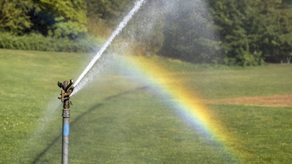 Ein Rasensprenger lässt kühles Nass auf eine Grünfläche regnen. Die Niederschläge zu Wochenbeginn haben das Niederschlagsdefizit in der Schweiz nicht wettmachen können. (Archivbild)