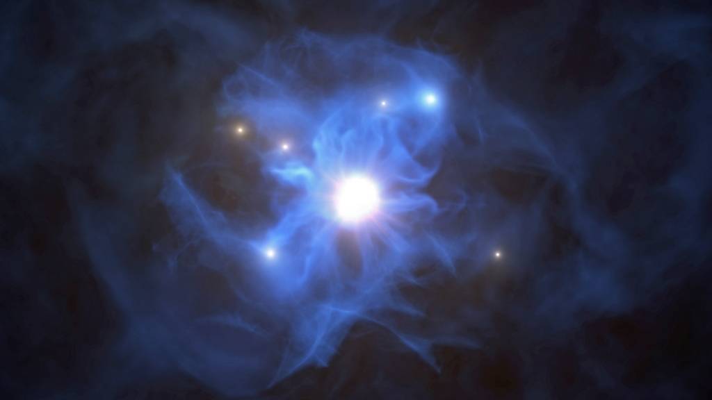 Eine künstlerische Darstellung von Galaxien, gefangen im Netz eines supermassiven Schwarzen Lochs. Dies entdeckten Astronomen mit Hilfe des Very Large Telescope der Europäischen Südsternwarte (ESO).