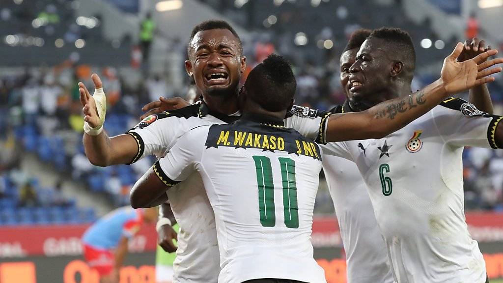 Kann sein Glück nach dem Tor zum 1:0 gegen die Demokratische Republik Kongo kaum fassen: Ghanas Jordan Ayew (mit der einbandagierten Hand)