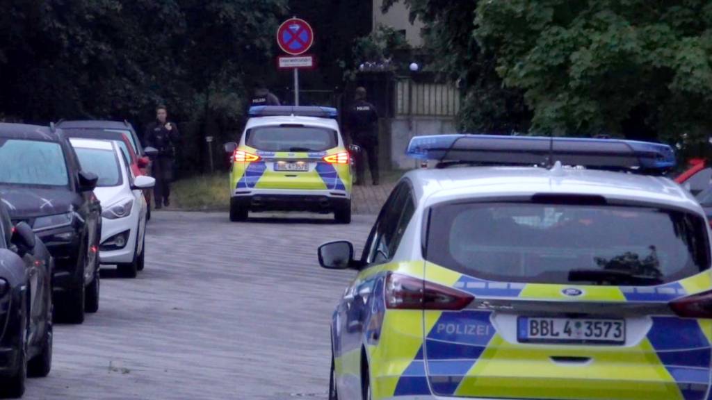 Polizeifahrzeuge während der Suchaktion nach dem freilaufenden gefährlichen Wildtier im Bereich der südlichen Landesgrenze von Berlin. Foto: Sven Käuler/dpa