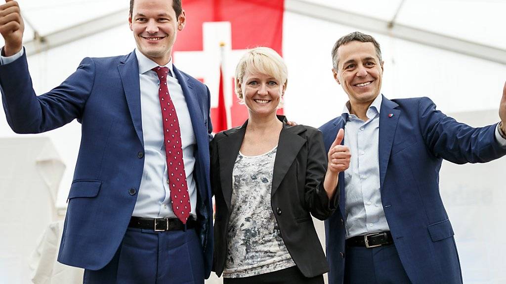 Bei der SVP ist die «europäische» Vergangenheit der Bundesratskandidaten entscheidend: Pierre Maudet (links), Isabelle Moret und Ignazio Cassis.