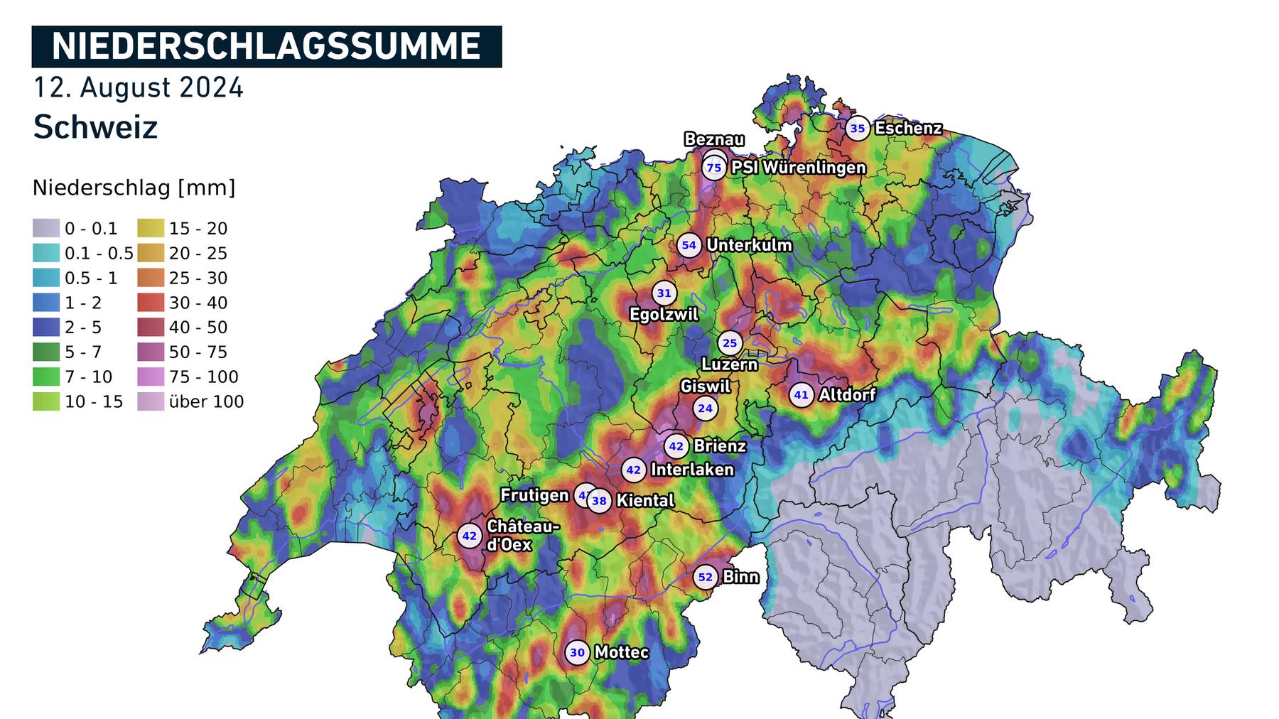 Am 12. August zogen starke Unwetter über die Schweiz. Vor allem im Berner Oberland kam es lokal zu viel Niederschlag.