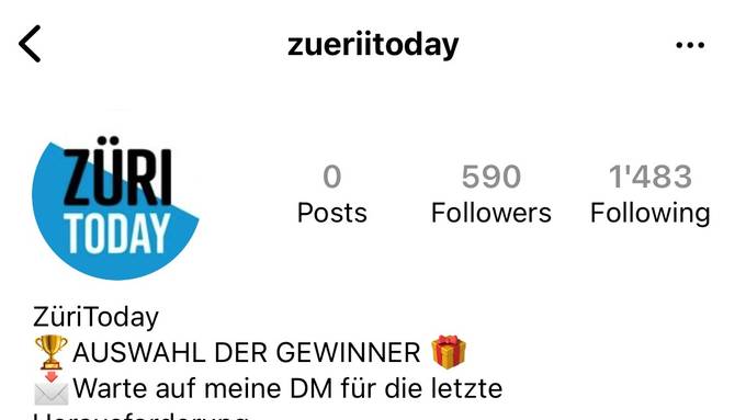 Ein falsches Instagram-Profil versucht ZüriToday-Follower abzuzocken