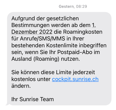 Via SMS informierte Sunrise ihre Kundinnen und Kunden über die Neuerung. 