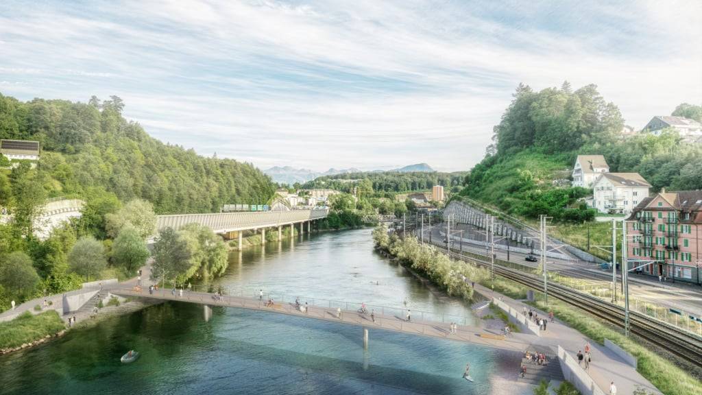 Die Visualisierung zum Siegerprojekt aus dem Studienauftrag «Neue Reussquerung» des Teams Masotti aus dem Tessin.