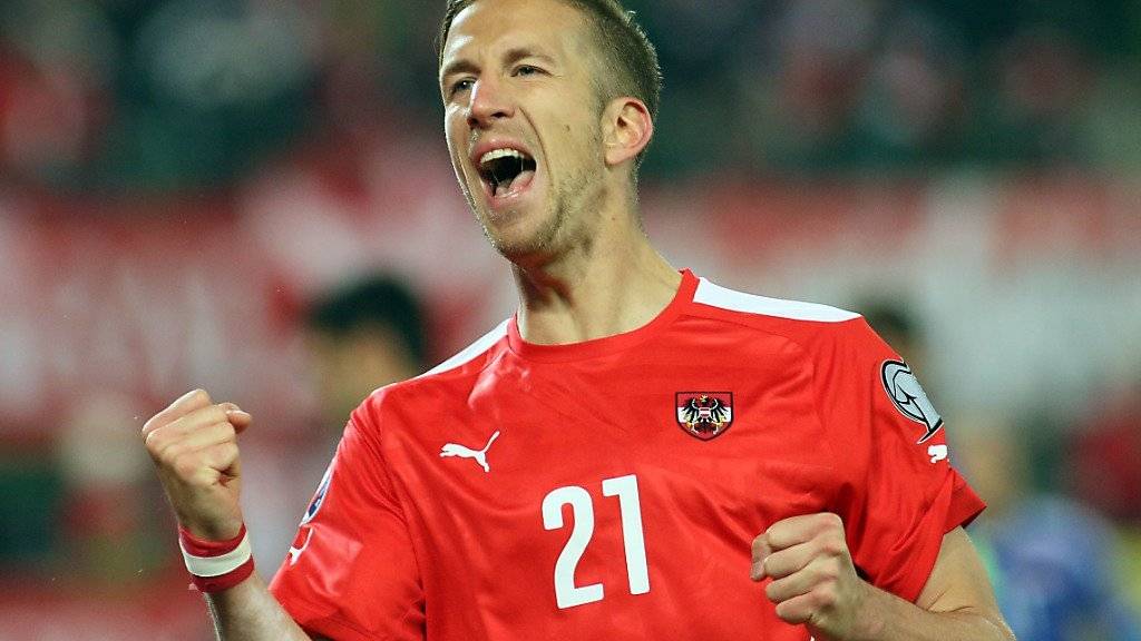 Der FCB-Stürmer Mark Janko jubelt nach einem Tor im Länderspiel Österreich gegen Liechtenstein.