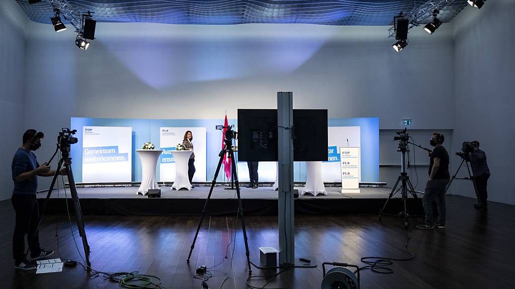 FDP-Präsidentin Petra Gössi an der digital durchgeführten Delegiertenversammlung.(KEYSTONE/Alexandra Wey)