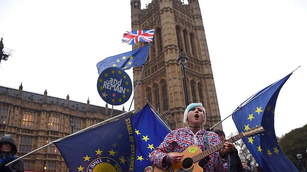 Brexit-Gegner demonstrieren am Mittwoch vor dem britischen Unterhaus in London für den Verbleib Grossbritanniens in der EU. Unterdessen debattieren die Abgeordneten über einen Misstrauensantrag gegen Premierministerin Theresa May.
