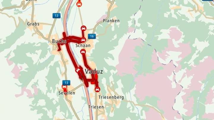 In und um Buchs und Vaduz staut sich der Verkehr.