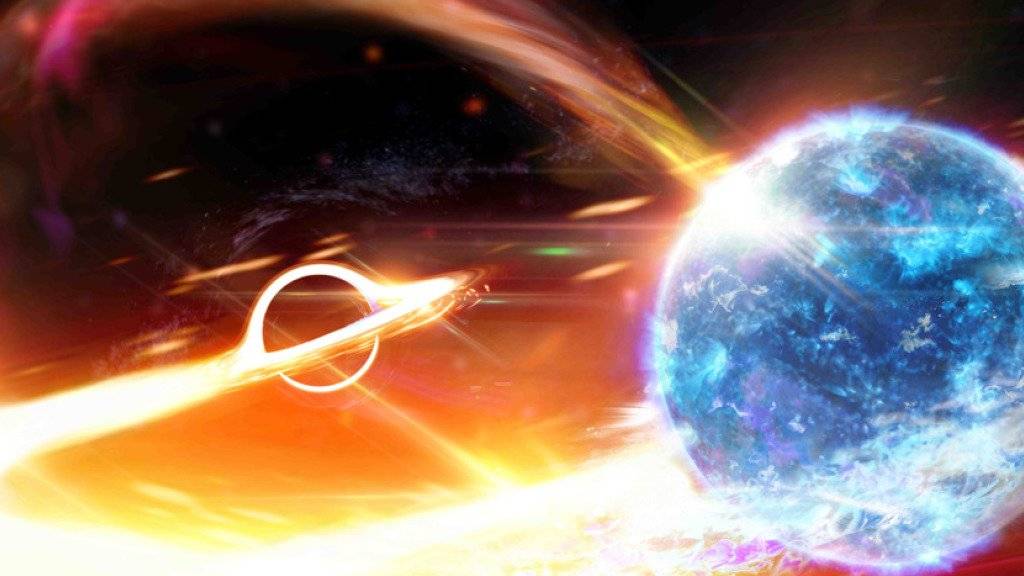 Ein Schwarzes Loch verschlingt einen Neutronenstern. (Computerillustration)