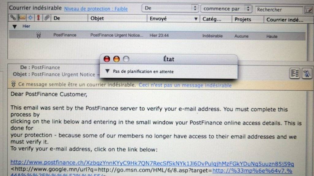 Ein Phishing-Mail, das Postfinance-Kunden dazu verleiten soll, einen Link anzuklicken. (Symbolbild)