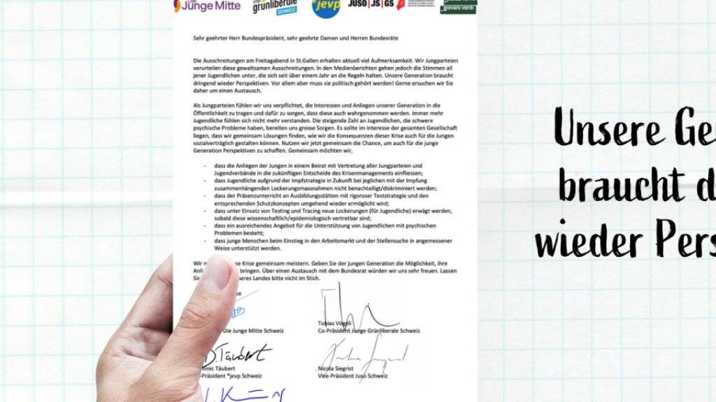 Die Spitzen der Jungparteien von Mitte, Grünliberalen, EVP, SP und den Grünen fordern in einem Brief einen Austausch mit dem Bundesrat.