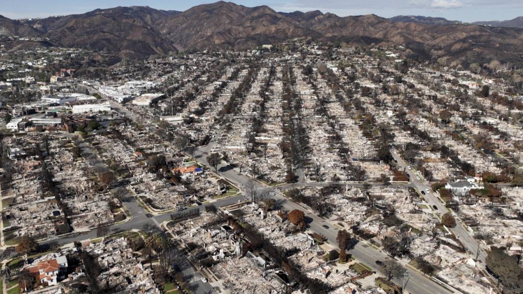 ARCHIV - Die Verwüstung durch das Palisades-Feuer ist in einer Luftaufnahme des Stadtteils Pacific Palisades zu sehen. Foto: Jae C. Hong/AP/dpa/Archivbild