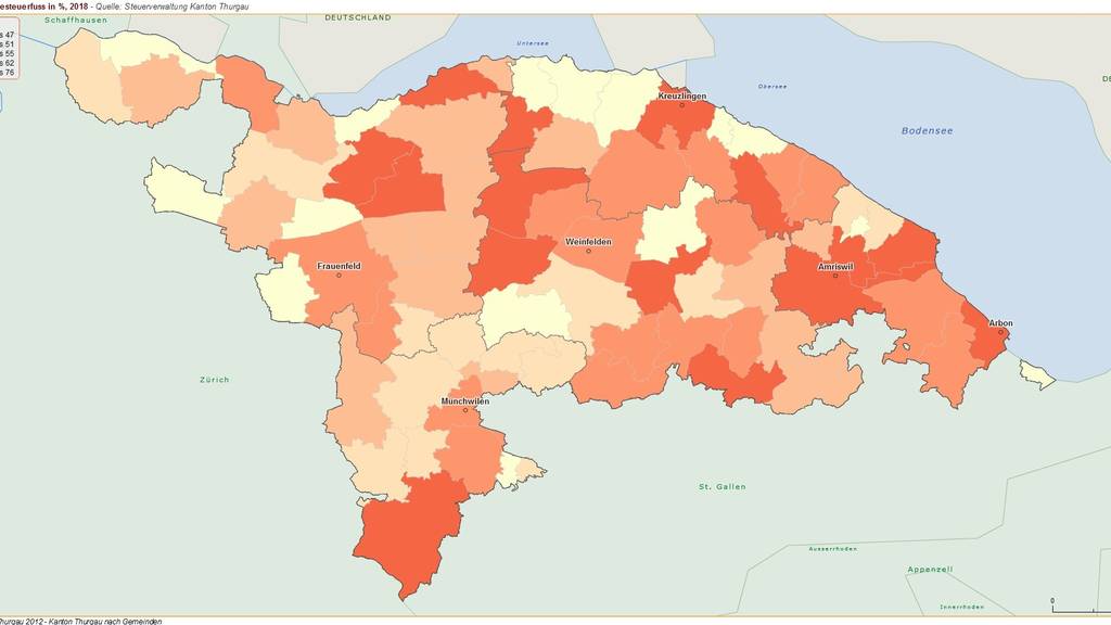 Hier sieht man, wo die Steuern am höchsten und am niedrigsten sind. Bild: tg.ch