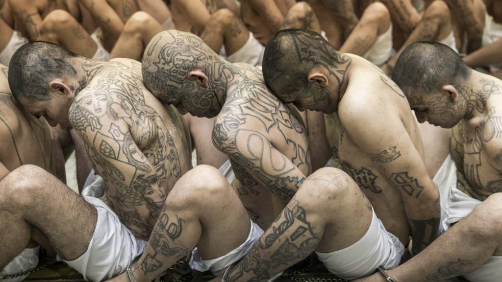 ARCHIV - Auf diesem von der Pressestelle des Präsidenten von El Salvador zur Verfügung gestellten Bild sitzen Insassen, die von den Behörden als Bandenmitglieder identifiziert wurden, auf dem Boden des Gefängnisses für Terrorismus in Tecoluca. Foto: -/El Salvador presidential press office via AP/dpa