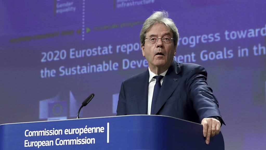 Paolo Gentiloni, EU-Kommissar für Wirtschaft, spricht bei einer Pressekonferenz zum Eurostat-Bericht 2020 im EU-Hauptsitz. Foto: Yves Herman/Reuters Pool/AP/dpa
