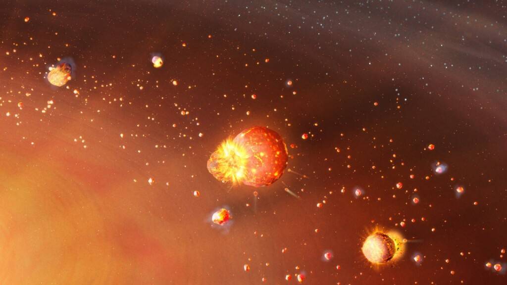 Eine künstlerische Darstellung des frühen Sonnensystems: Die inneren Planetenbausteine erbten viel radioaktives Aluminium-26, wodurch sie aufgeheizt wurden und die flüchtigen Elemente verloren. Ein anderes Bild zeigte sich bei den später gebildeten äusseren Planeten, wie eine neue Studie zeigt.