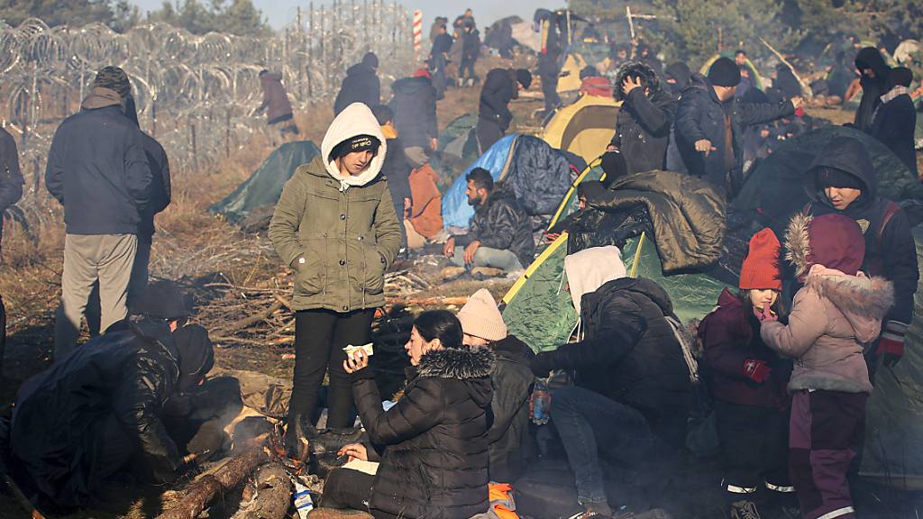 Migranten aus dem Nahen Osten und anderen Ländern versammeln sich an der belarussisch-polnischen Grenze. Foto: Leonid Shcheglov/BelTA/AP/dpa