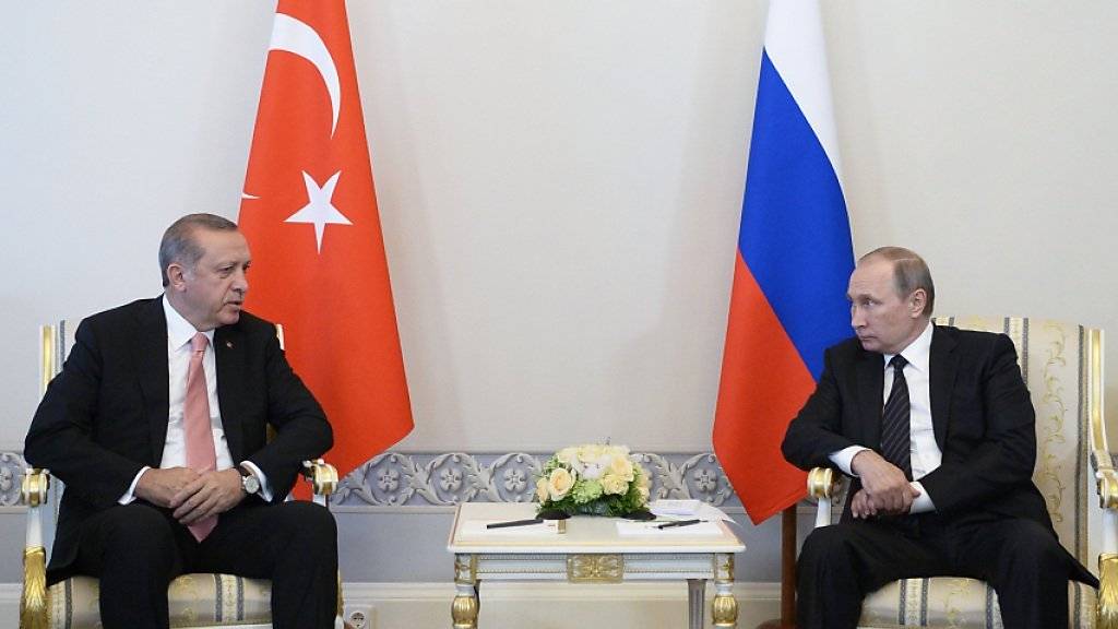 Das Treffen des russischen Präsidenten Wladimir Putin mit dem türkischen Präsidenten Recep Tayyip Erdogan fand in St. Petersburg statt. (Alexei Nikolsky/Sputnik, Kremlin Pool Photo via AP)