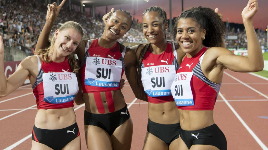 Die Schweizer 100-Meter-Sprintstaffel mit Mujinga Kambundji, Salome Kora, Sarah Atcho and Ajla Del Ponte (von rechts) an der Athletissima 2019. (Archivbild)