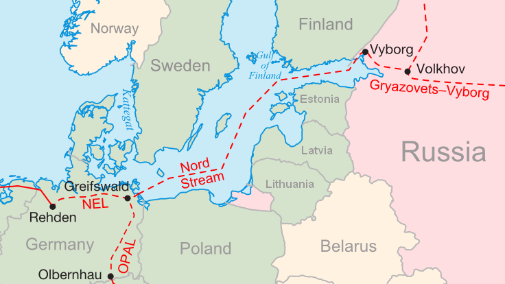 Verlauf der Nord-Stream-1-Pipeline in der Ostsee.