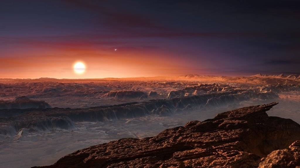 So stellen sich Wissenschaftler den Blick von der Oberfläche des neu entdeckten Exoplaneten auf sein Zentralgestirn Proxima Centauri vor. (Künstlerische Darstellung)