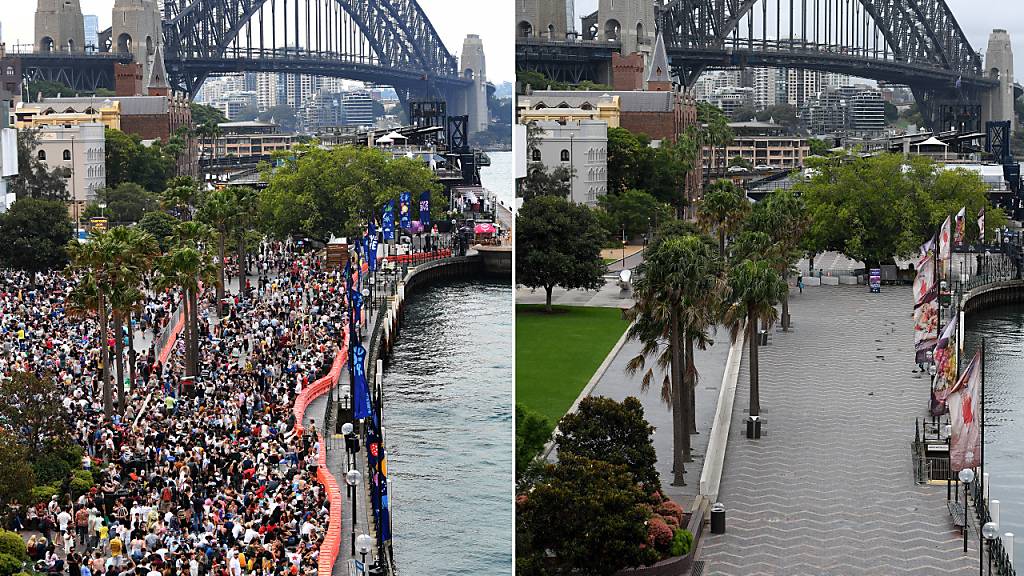 A composite image created on Thursday, December 31, 2020, compares the Circular Quay New Years Eve. 2019 crowd size with 2020. **..NSW Police patrol Circular Quay on New Years Eve in Sydney, Thursday, December 31, 2020. Sydneysiders were asked to stay home and watch the fireworks on television this year to due the COVID-19 pandemic. (AAP Image for NSW Government/Dan Himbrechts) NO ARCHIVING.***.Crowds building around the Sydney Harbour foreshore at Circular Quay during New Year's Eve celebrations in Sydney, Tuesday, December 31, 2019. (AAP Image for City of Sydney/Dean Lewins) NO ARCHIVING, EDITORIAL USE ONLY