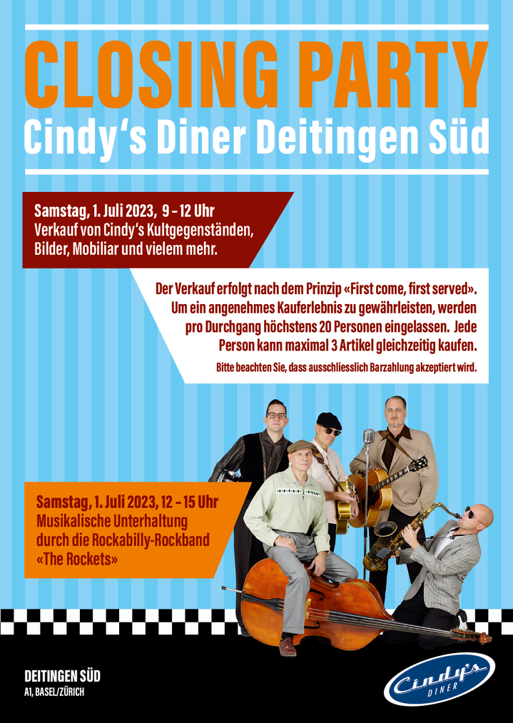 Das Cindy's Diner wirbt mit einem Flyer für die Closing-Party.