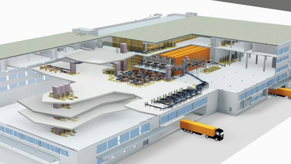 Das neue Logistikzentrum von Fust in Oberbüren im Modell. Es ist mit 50'000 m2 doppelt so gross wie das alte Lager am gleichen Standort.