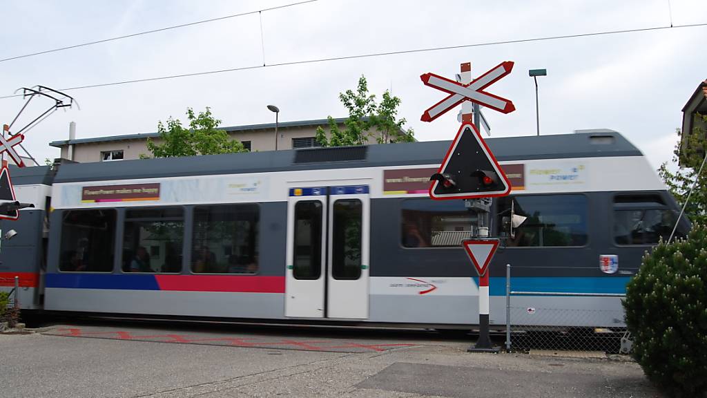 Ein Zug der Biel-Täuffelen-Ins-Bahn im Jahr 2012 auf einem Bahnübergang in Sutz-Lattrigen.