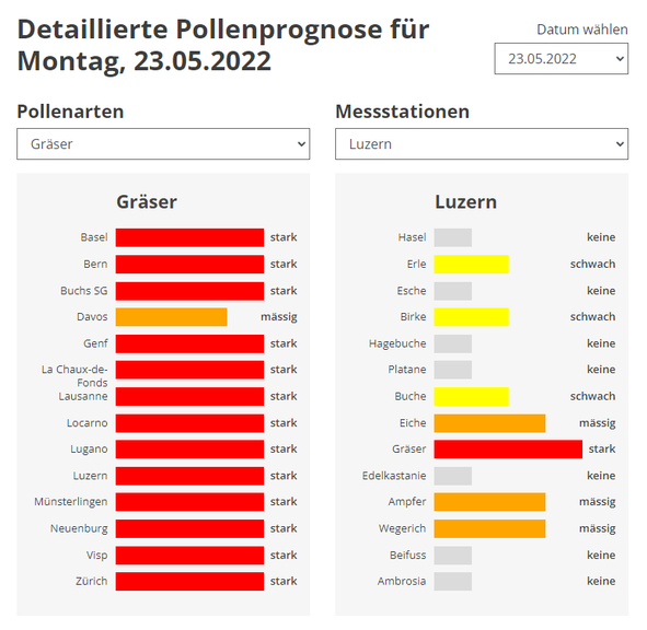 Detaillierte Pollenprognose Montag 23. Mai 2022