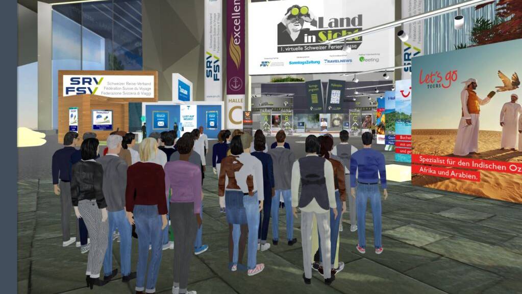 An der virtuellen Schweizer Ferienmesse konnten sich Besucher als Avatare fortbewegen und Stände besuchen.