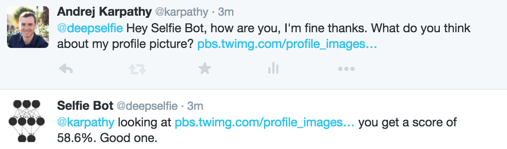 Andrej Karpathys Selfiebot: Twittere ein Bild und erwähne dabei @deepselfie. Dann bekommst du umgehend Feedback zur Qualität deines Selfies.