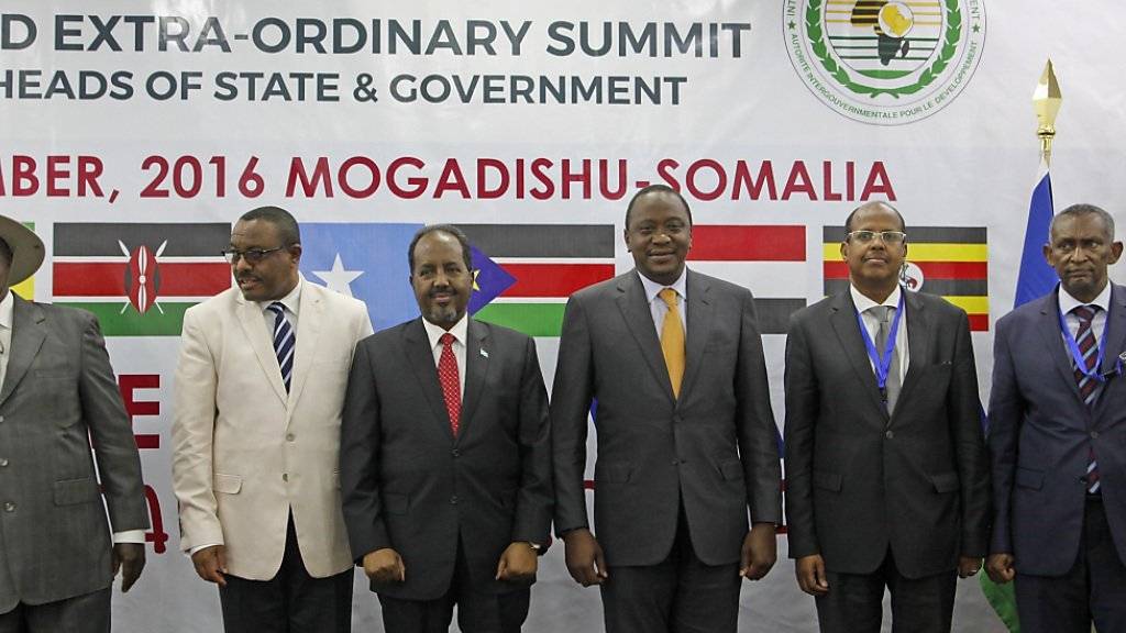 Die Teilnehmer posieren für das erste hochrangige Treffen in Somalia seit 1974. Ganz links der ugandische Präsident Yoweri Museveni, dritter von links ist der somalische Präsident Hassan Sheikh Mohamud und vierter von links der kenianische Präsident Uhuru Kenyatta.