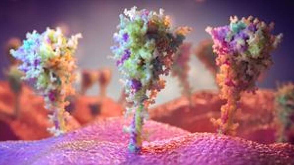 Künstlerische Darstellung von Protein-Stacheln, wie sie sich auf Zellen bilden, nachdem diese dem AstraZeneca-Impfstoff ausgesetzt wurden. Sie ähneln jenen, die der Virus hat. (Pressebild)