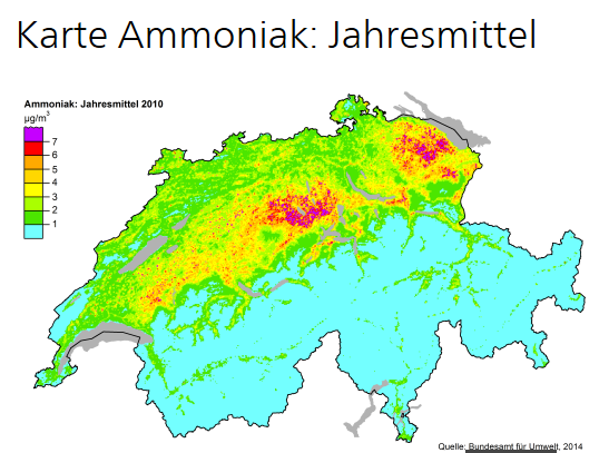 So lagen die Werte des Ammoniak-Jahresmittels im Jahr 2010. Die Karte fürs 2014 ist jetzt in Bearbeitung.
