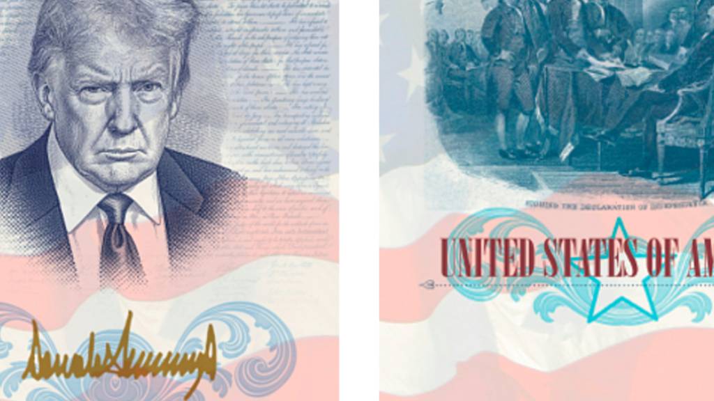 HANDOUT - Diese vom Außenministerium zur Verfügung gestellte Darstellung zeigt ein eines limitierten US-Gedenkpasses, der den 250. Geburtstag Amerikas feiert und ein Bild von US-Präsident Trump zeigt. Foto: Uncredited/State Department/AP/dpa - ACHTUNG: Nur zur redaktionellen Verwendung im Zusammenhang mit der aktuellen Berichterstattung und nur mit vollständiger Nennung des vorstehenden Credits