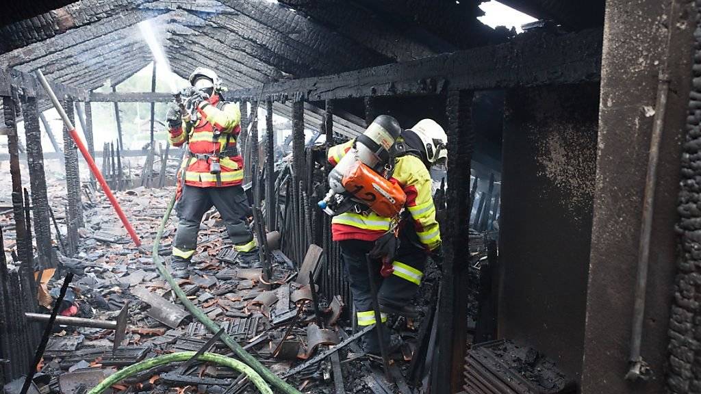 Feuerwehrleute bekämpfen die Flammen nach dem Blitzeinschlag im Dachstock eines Mehrfamilienhauses in Luzern.