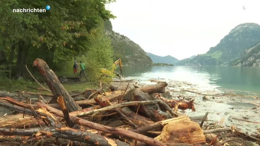 Aufräumarbeiten im See nach dem Hochwasser in Uri