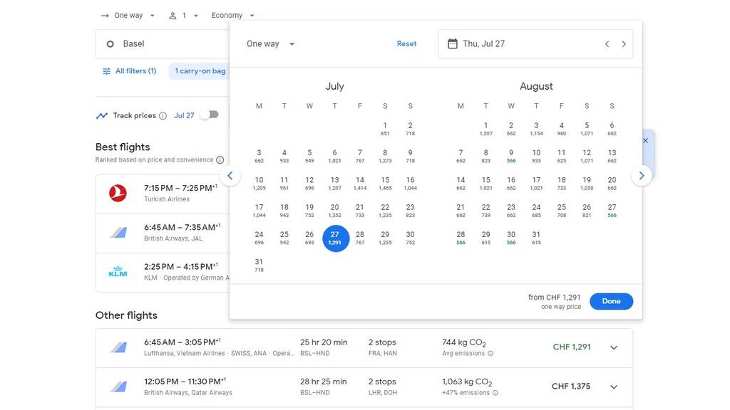 Flugpreise Beispiel Tokyo_Screenshot Google