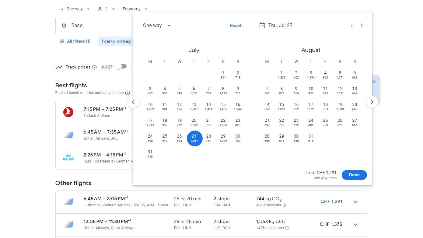 Flugpreise Beispiel Tokyo_Screenshot Google